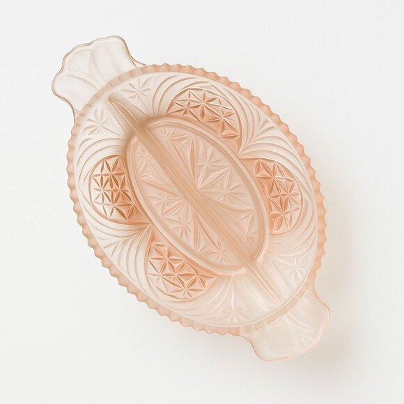 VTG Glass Divided Relish Dish Pink Satin Oval Frosted Starburst Serving Tray - Picture 6 of 13